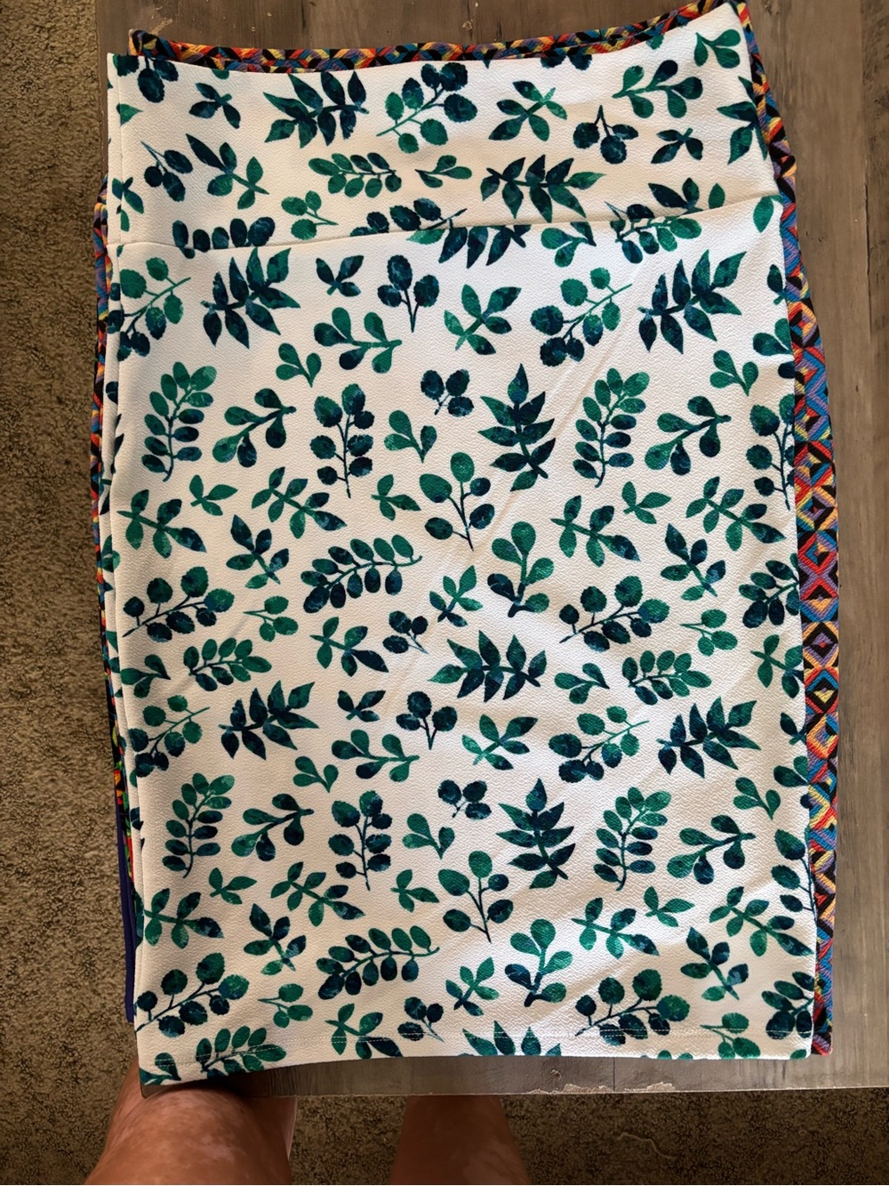 LuLaRoe White Pencil Skirt with Green Leaf Print and Multicolor Trim